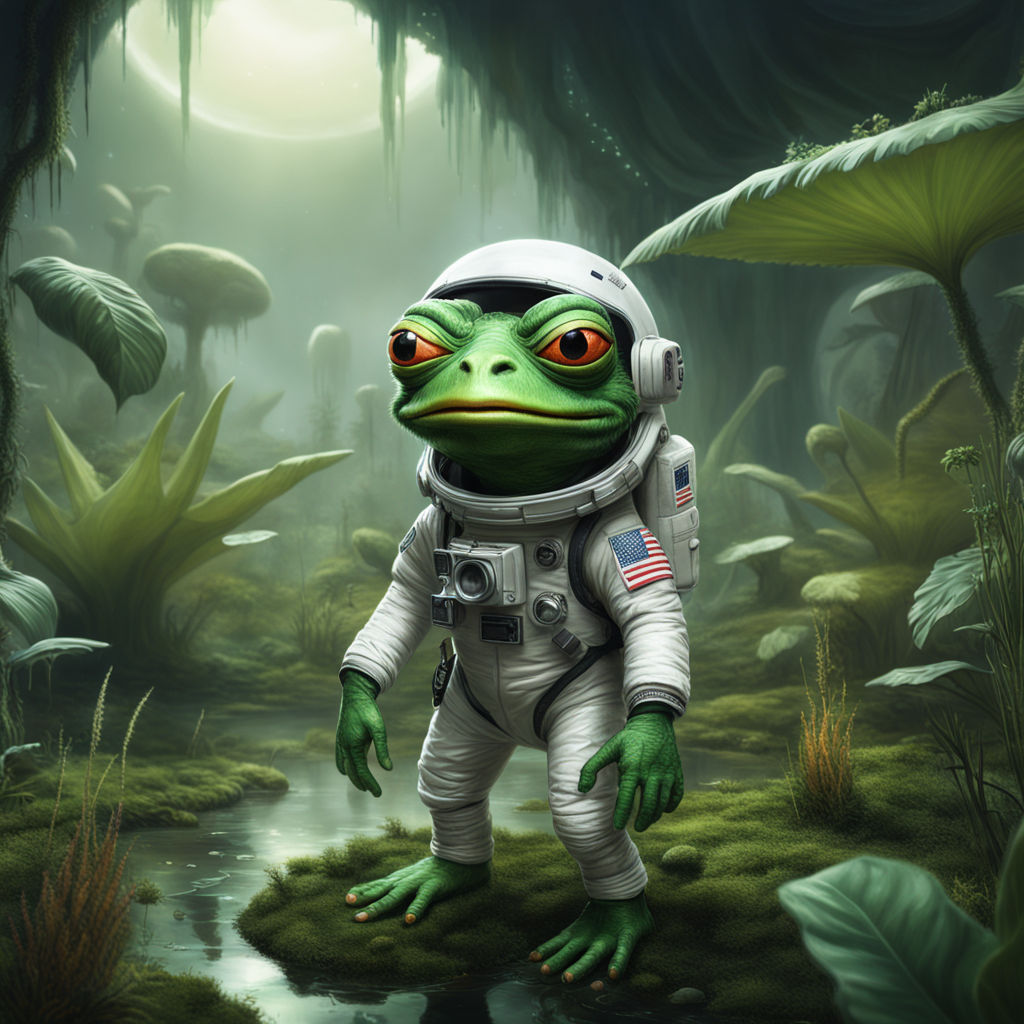 The digital painting depicts a green pepe Punk model wearing... by ...