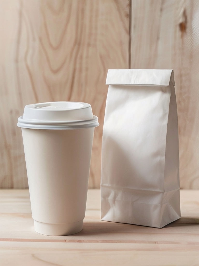 Minimalist White Coffee Cup and Bag Product Mockup