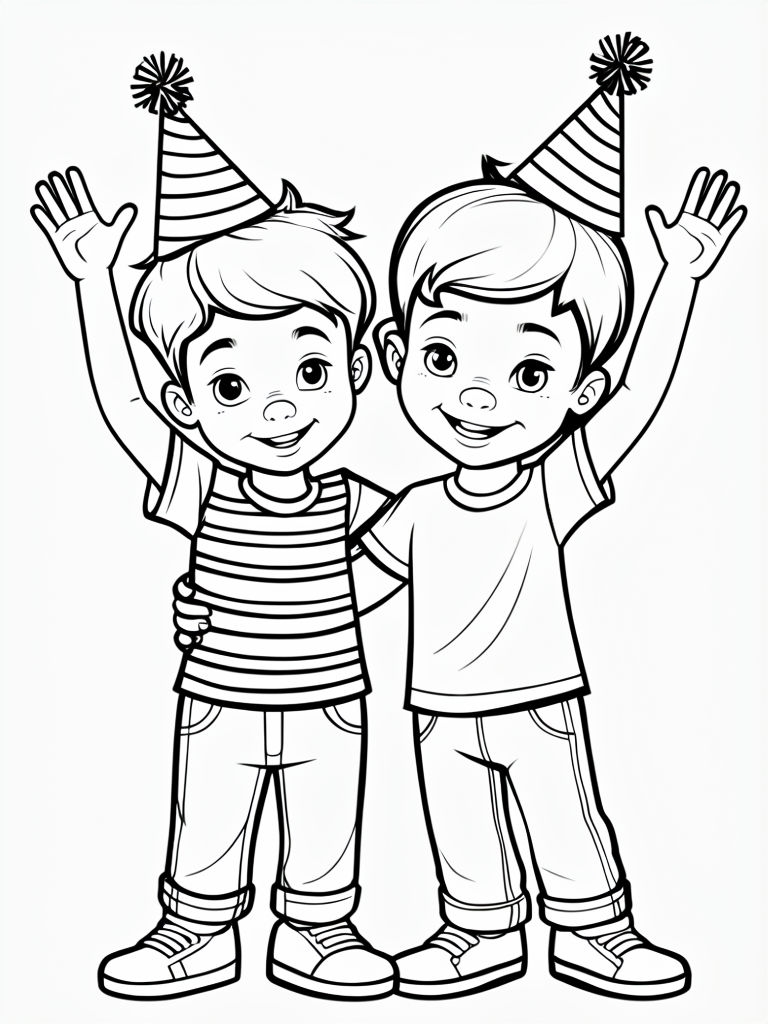 Happy Children Partying Together Line Drawing for Coloring Book Pages