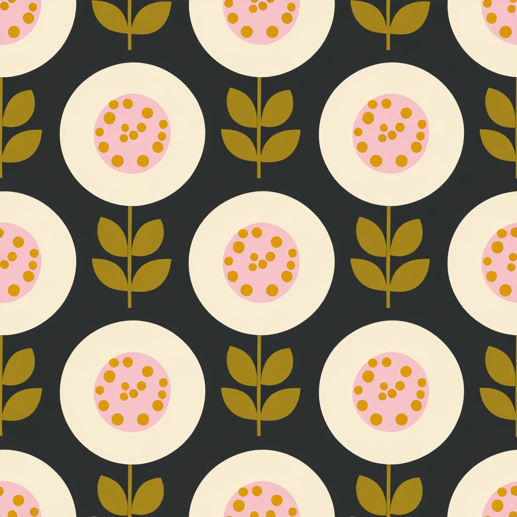 Cream Circles and Olive Leaves Retro Seamless Pattern