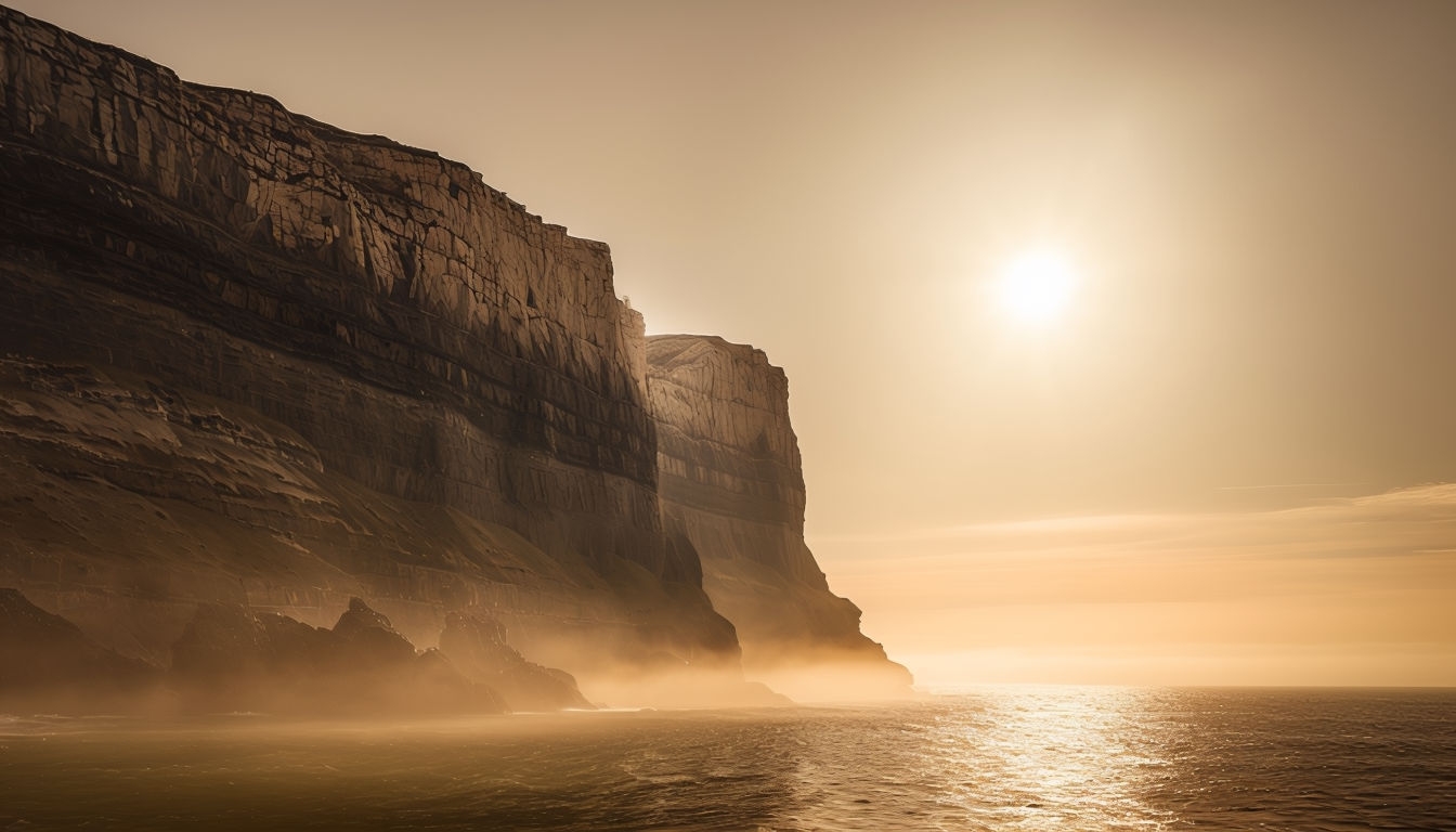 Dramatic Cliffside Landscape with Sunset Reflections Background