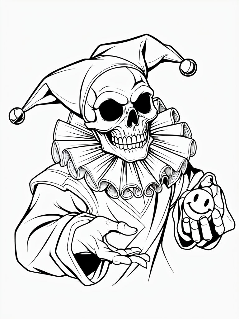 Whimsical Skull-Faced Jester Coloring Page for Creative Art