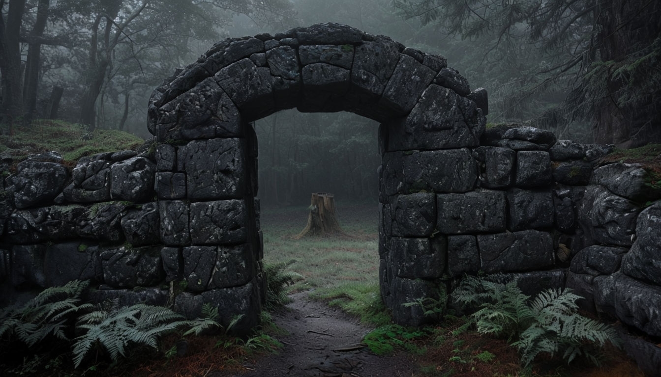 Mysterious Ancient Stone Doorway in Foggy Forest Background