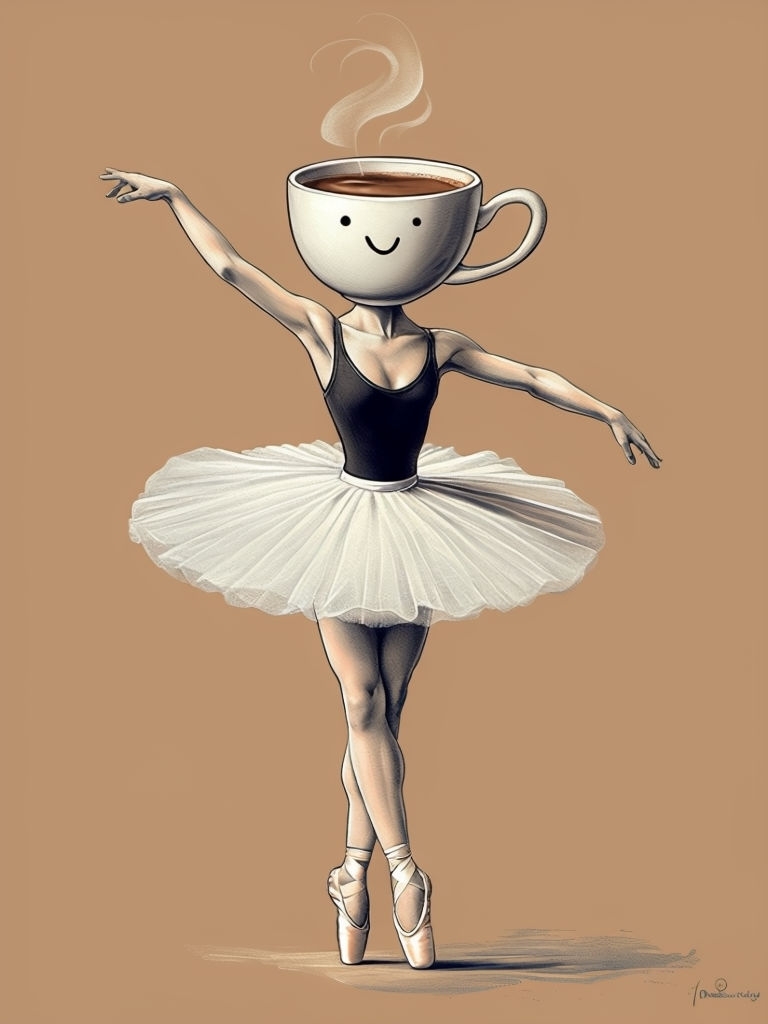 Whimsical Ballerina with Coffee Cup Head Illustration Art