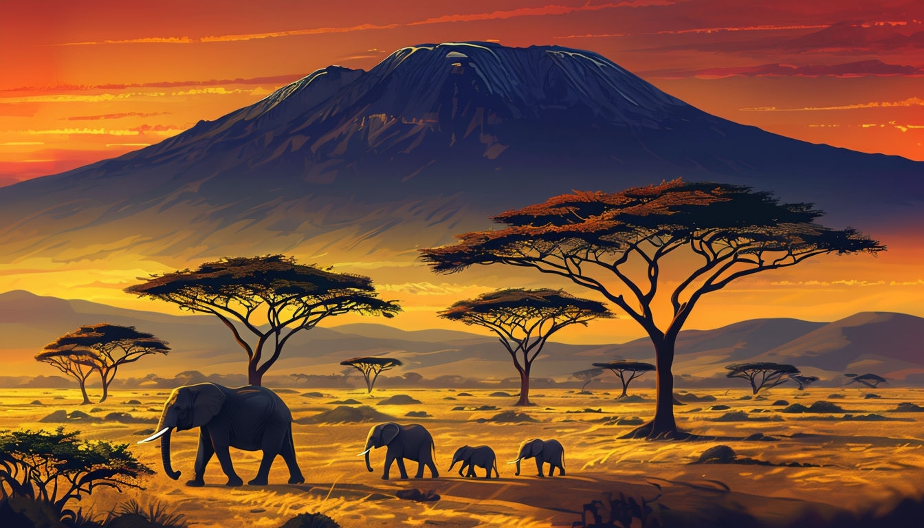 Serene African Savanna Sunset with Elephants and Kilimanjaro Art