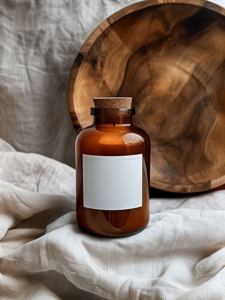 Burnt Orange Amber Jar Candle on Textured Fabric Mockup