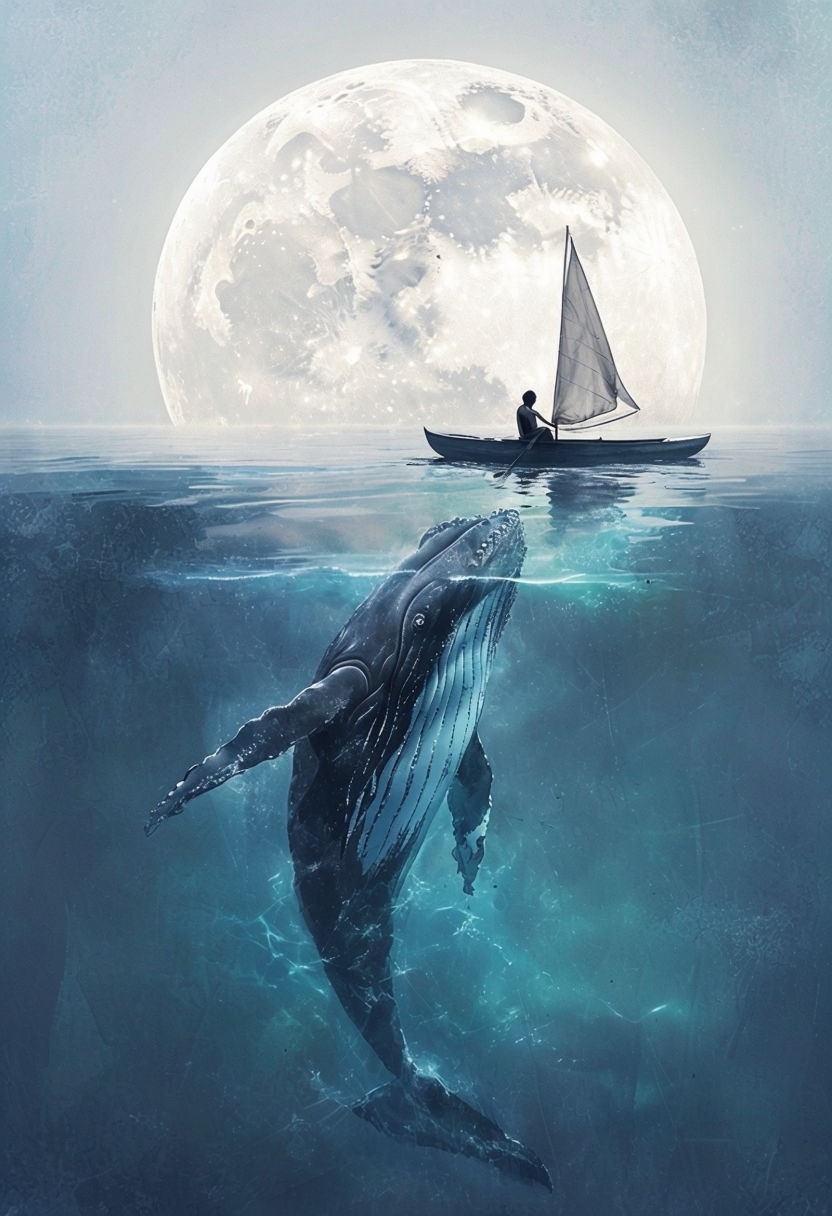 Surreal Night Sea Scene with Moon and Whale Illustration Art