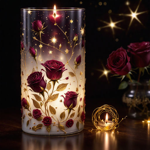 Prompt: Gorgeous printed illuminated glass candle,
</p>
<p> </p>
<p>with burgundy roses around it, in a dark room, little golden stars falling and little golden threads.