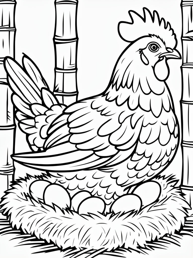 Serene Hen in Nest Black and White Outline Illustration for Coloring Book Pages