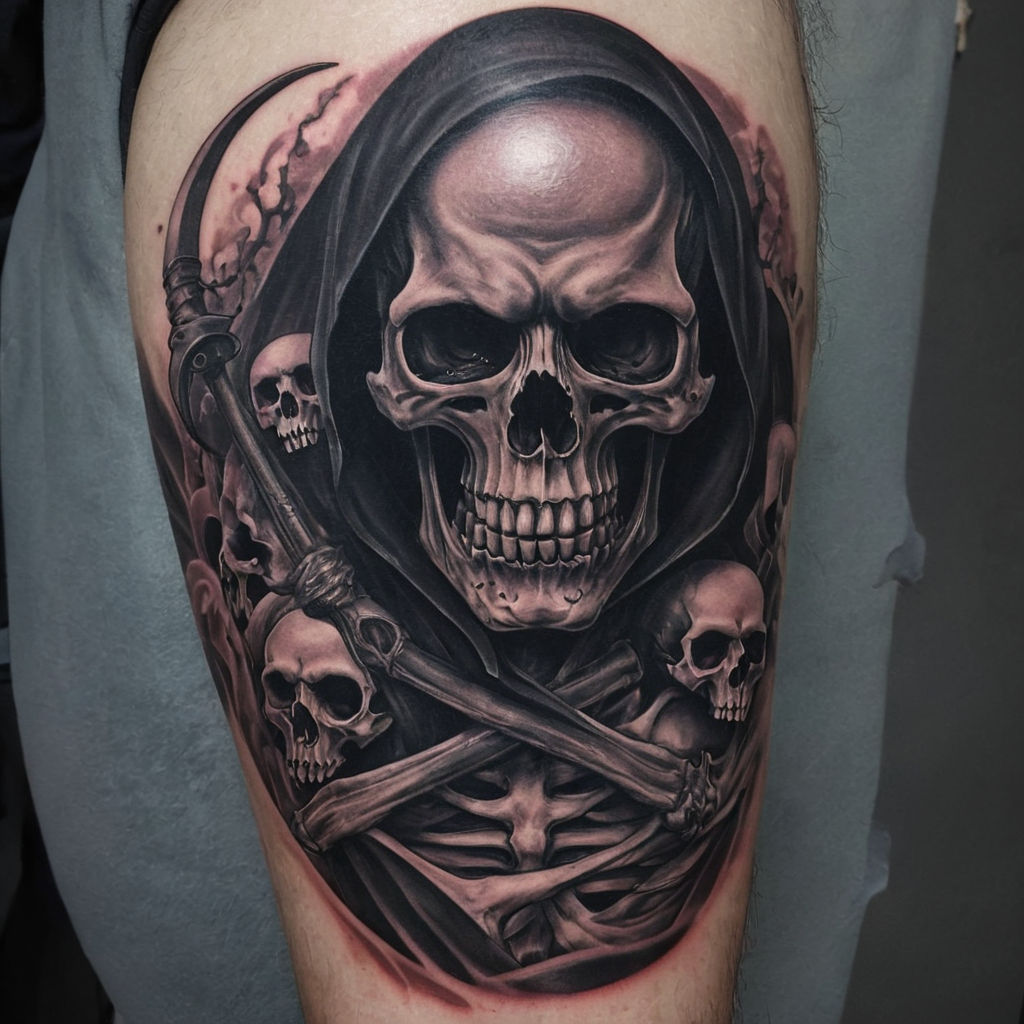 Angry and scary grim reaper tattoo with skulls around by Diego Guzmán ...