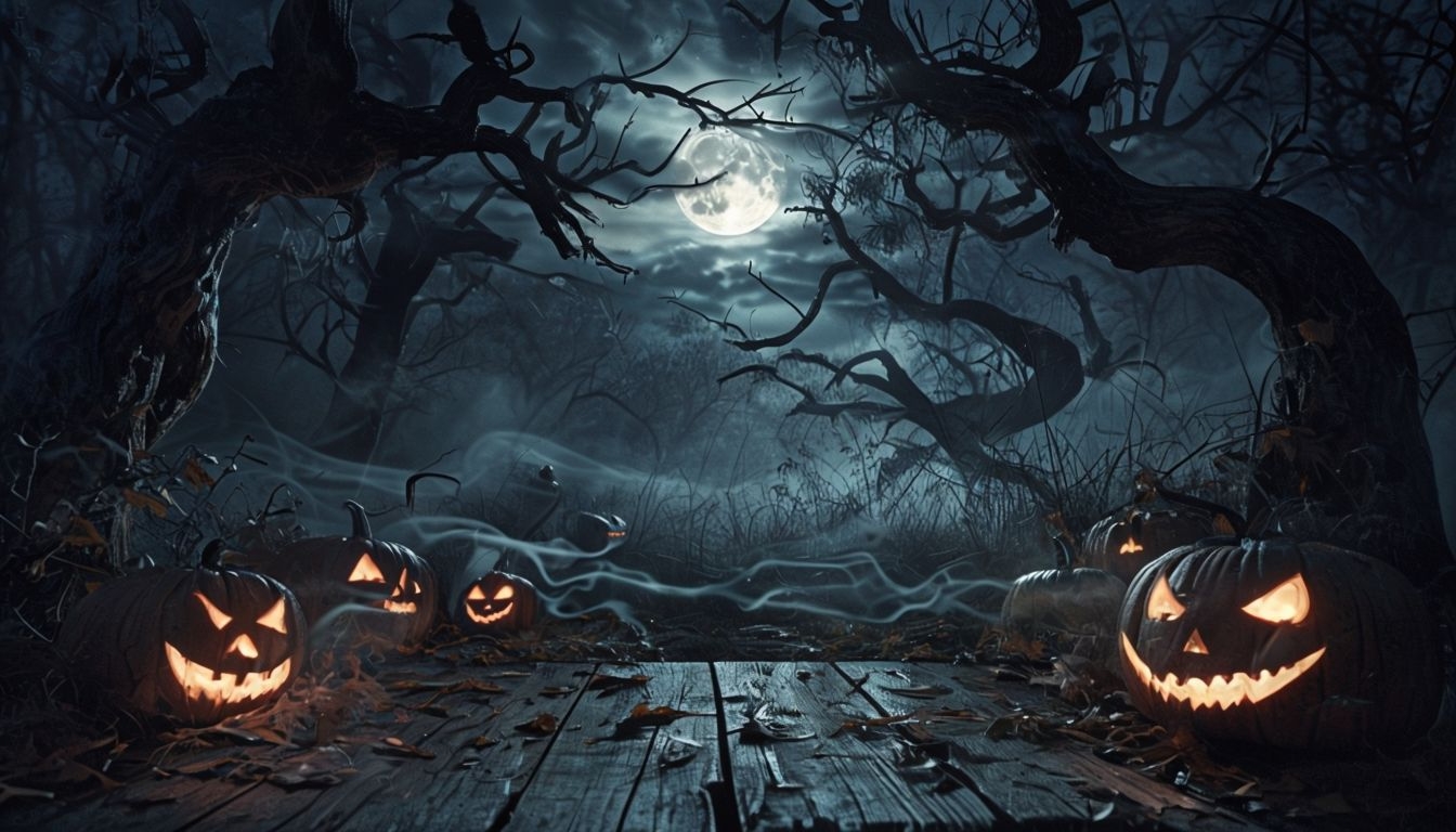 Eerie Halloween Pumpkin Scene with Full Moon Virtual Background