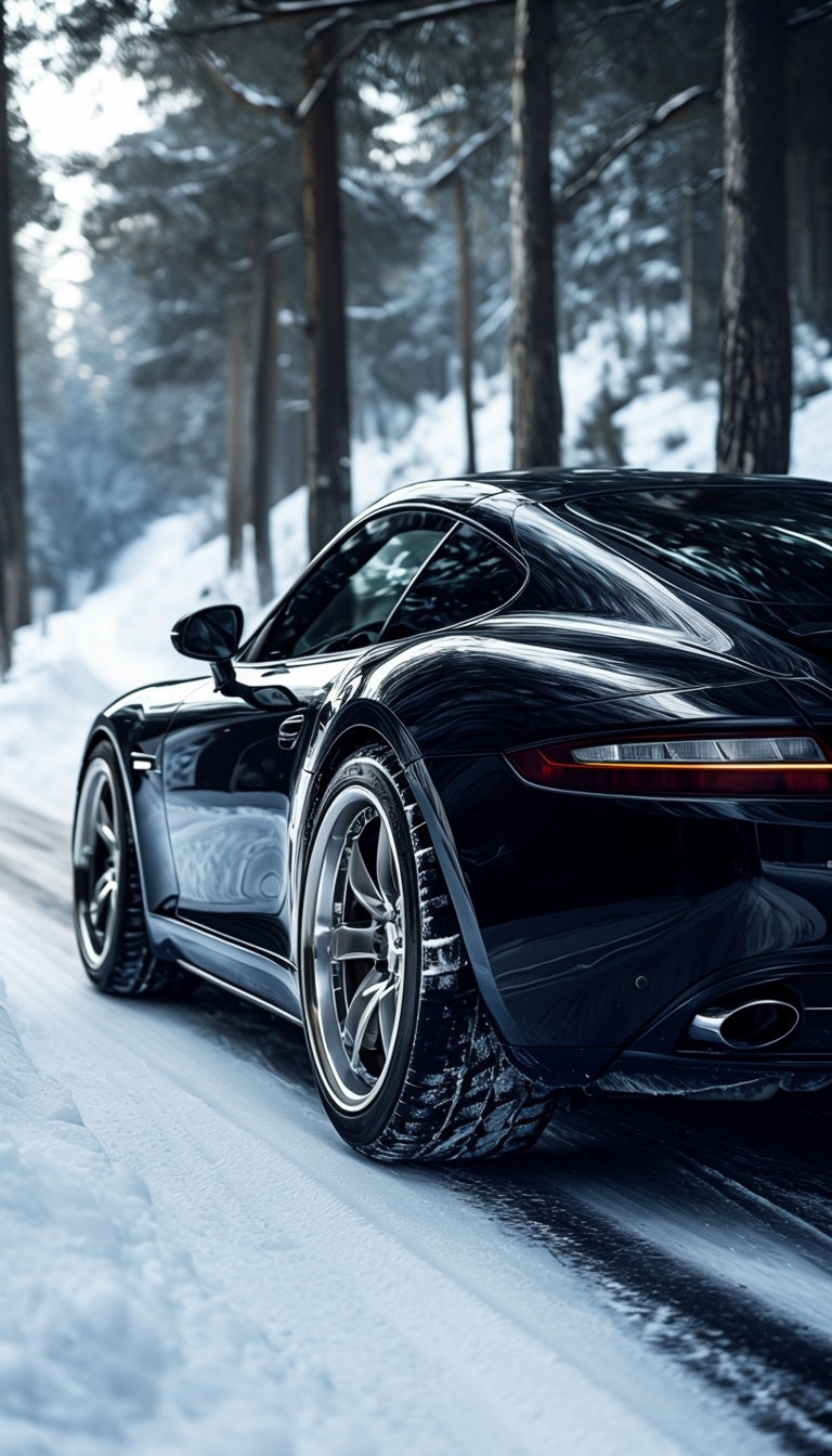 Sleek Black Sports Car on Snowy Road Photo with Forest Background Mobile Wallpaper