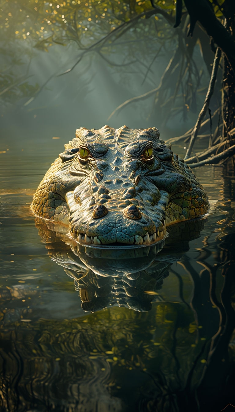 Stunning Photorealistic Saltwater Crocodile Portrait in Nature Mobile Wallpaper