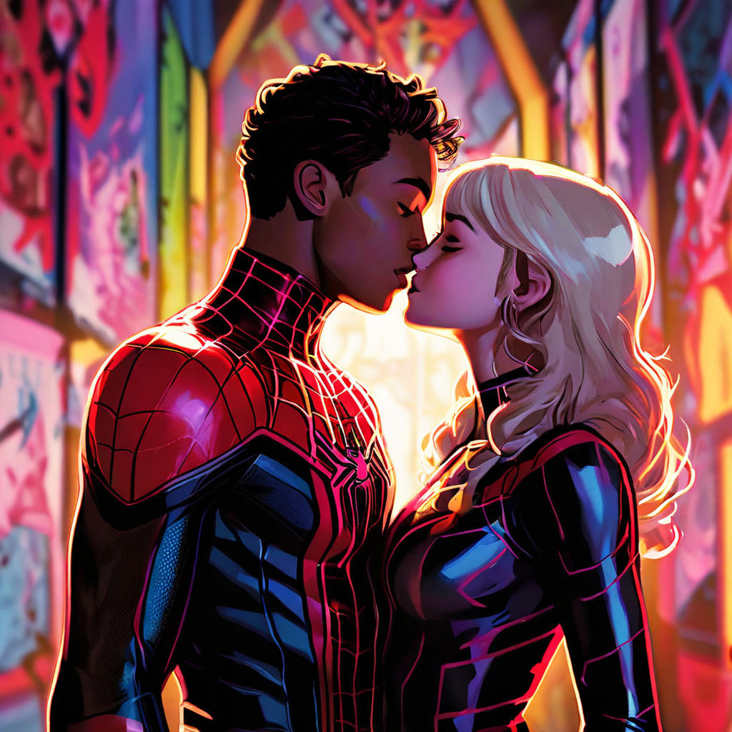 Spider man resting kissing on the lips of an girl . HD