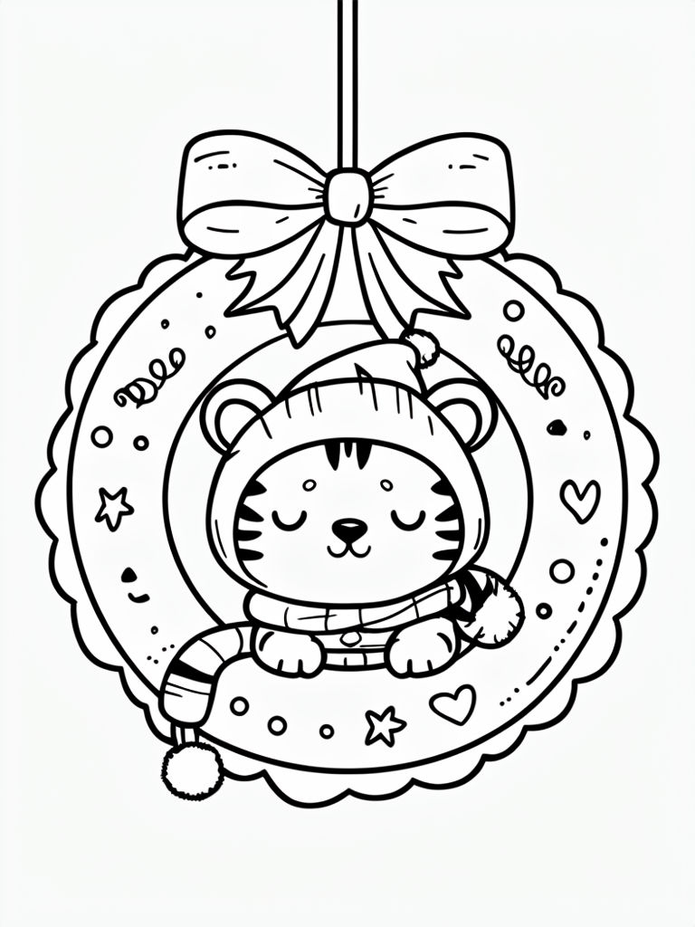 Festive Cartoon Christmas Wreath with Sleeping Tiger Coloring Page