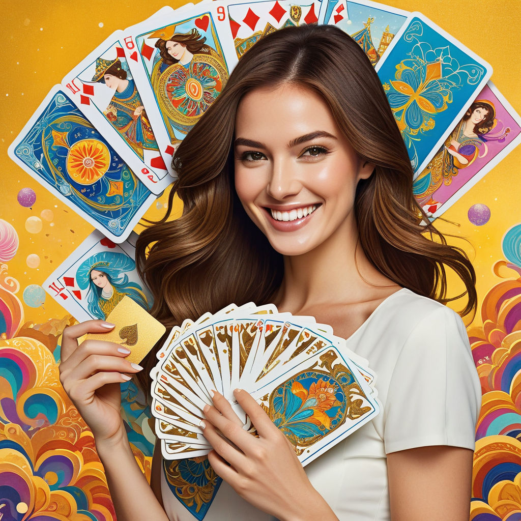 Woman with brown hair styled in a sleek square cut, grinning widely, clutching a hefty, seven-deck pile of metaphorical cards, depicted in a blend of minimalist elegance and psychedelic fantasy with golden splashes reminiscent of fairy tale illustrations, ultra detailed, vivid colors, golden ratio composition, with a touch of surrealism.