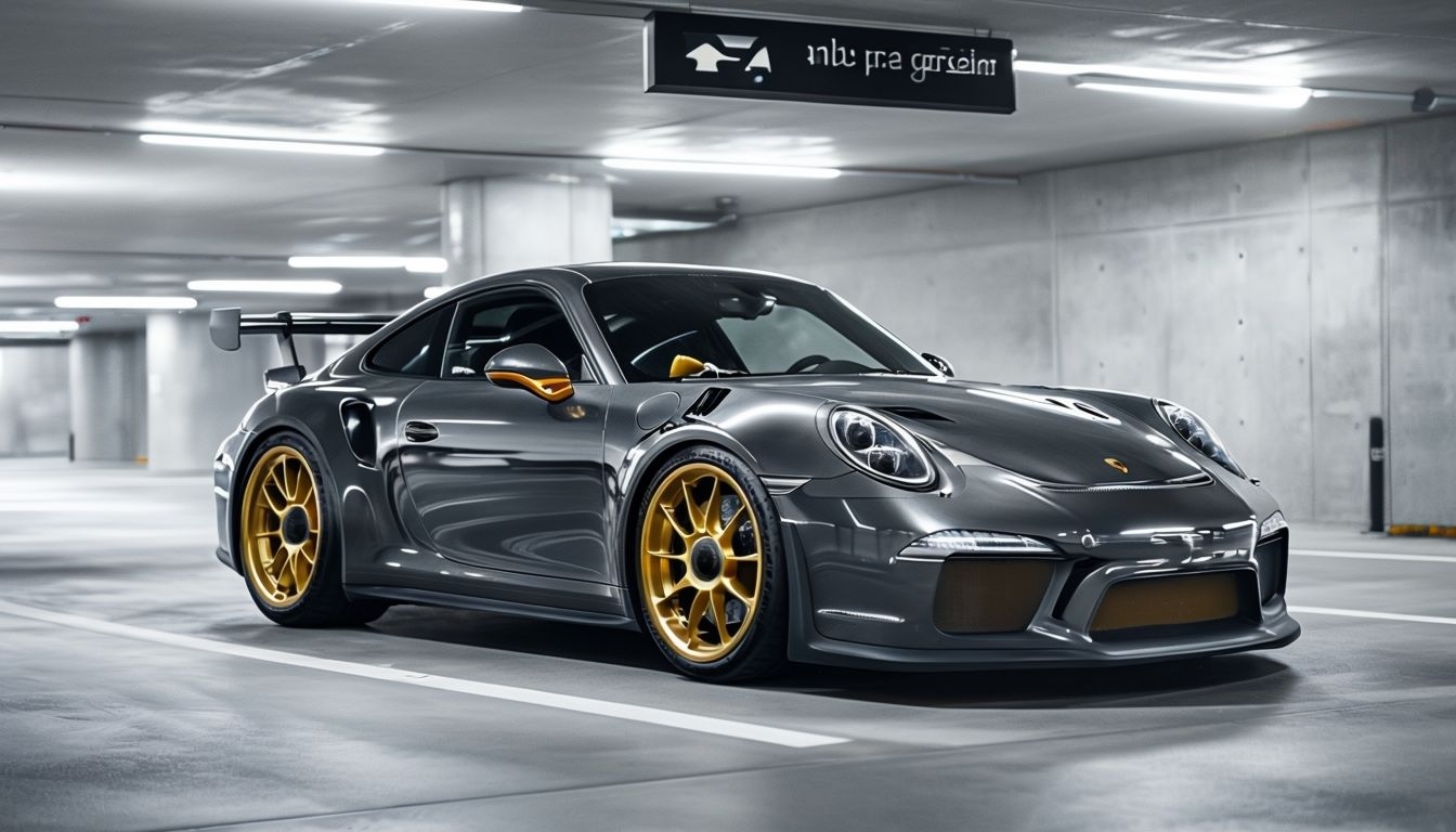 Sleek Gray Porsche Sports Car in Modern Concrete Garage Background
