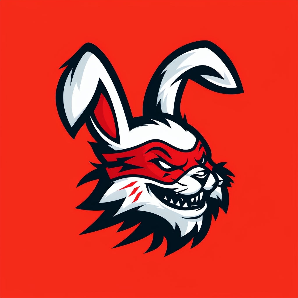 Mischievous Cartoon Rabbit Head Logo with Bold Red Background