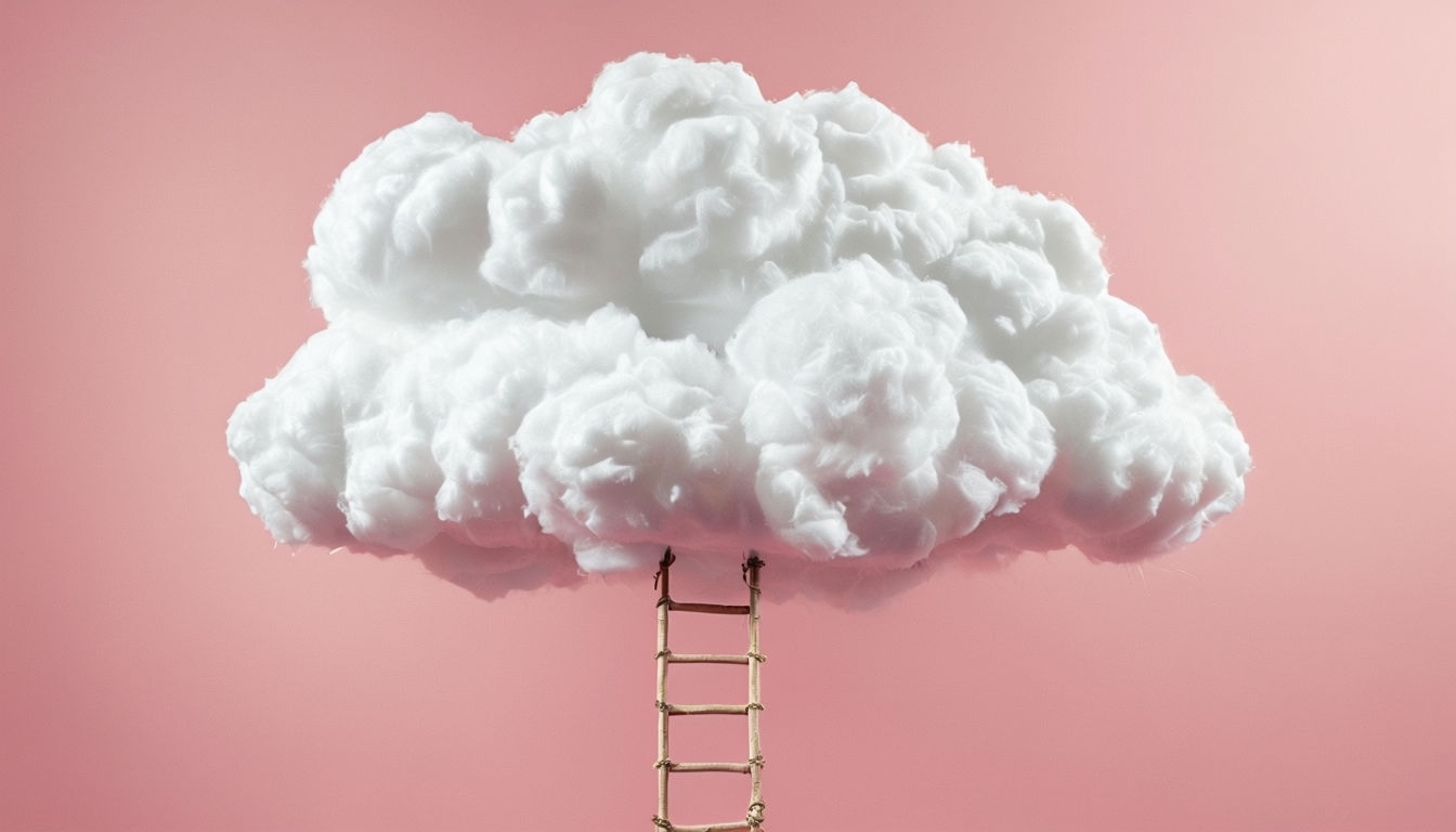 Fluffy White Cloud with Wooden Ladder Pastel Background Virtual Backgrounds