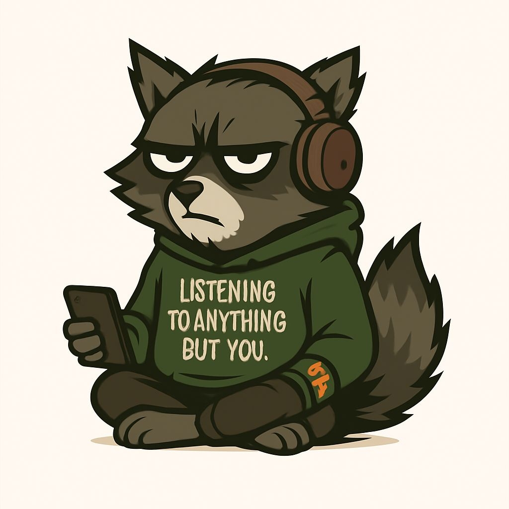 Annoyed Raccoon with Headphones Listening Sticker