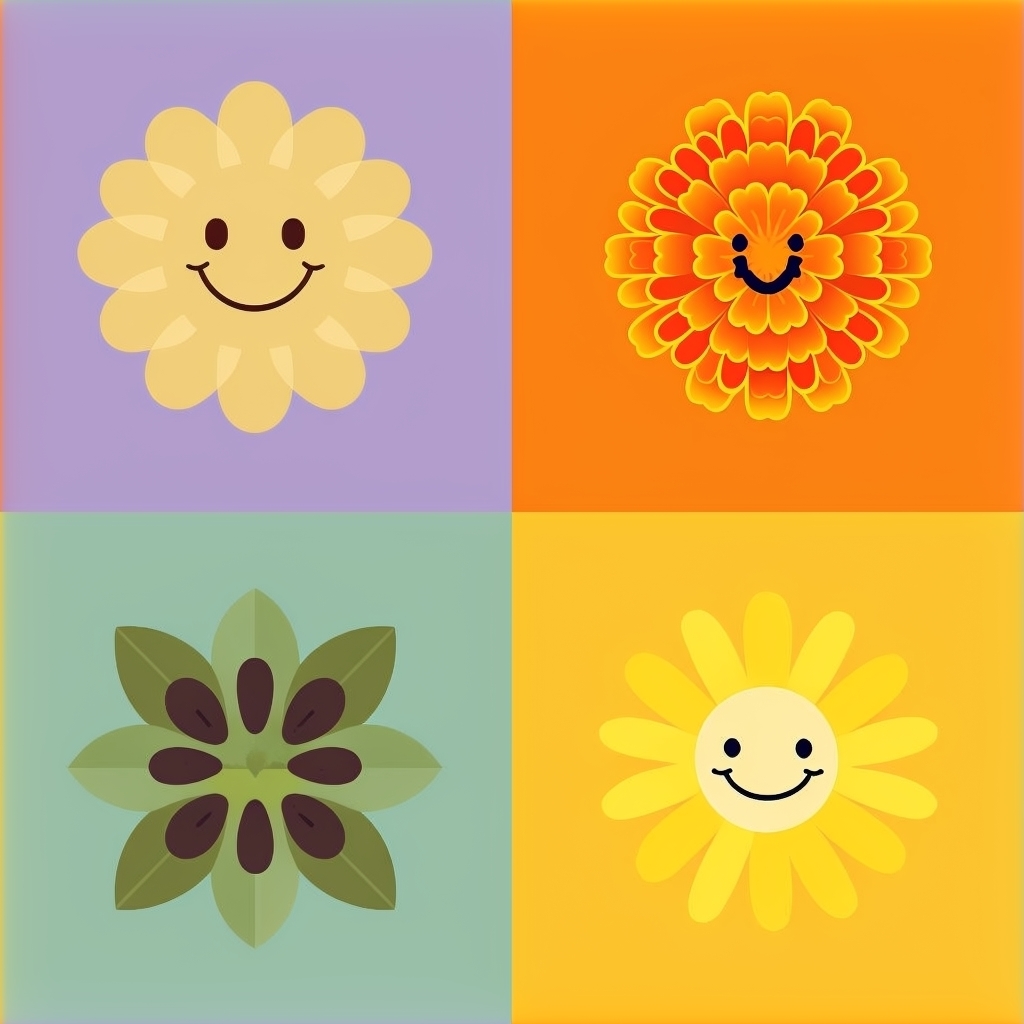 Cheerful Cartoon Flower Grid Design with Smiling Faces Seamless Pattern