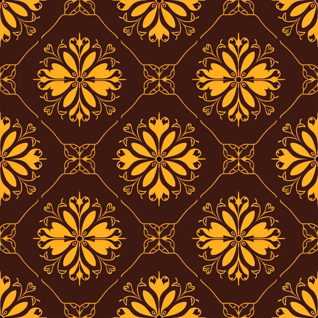 Elegant Floral Motif Geometric Pattern on Dark Brown Background Seamless Pattern