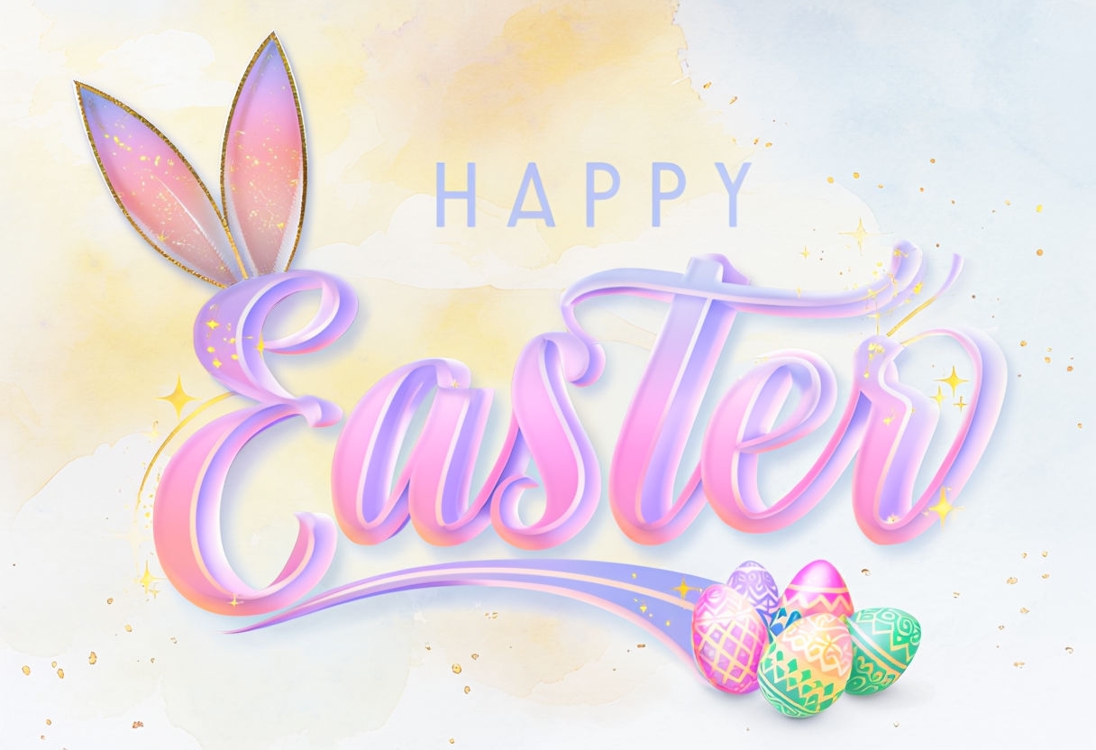 Vibrant Happy Easter Typography with Bunny Ears and Eggs Social Media Post