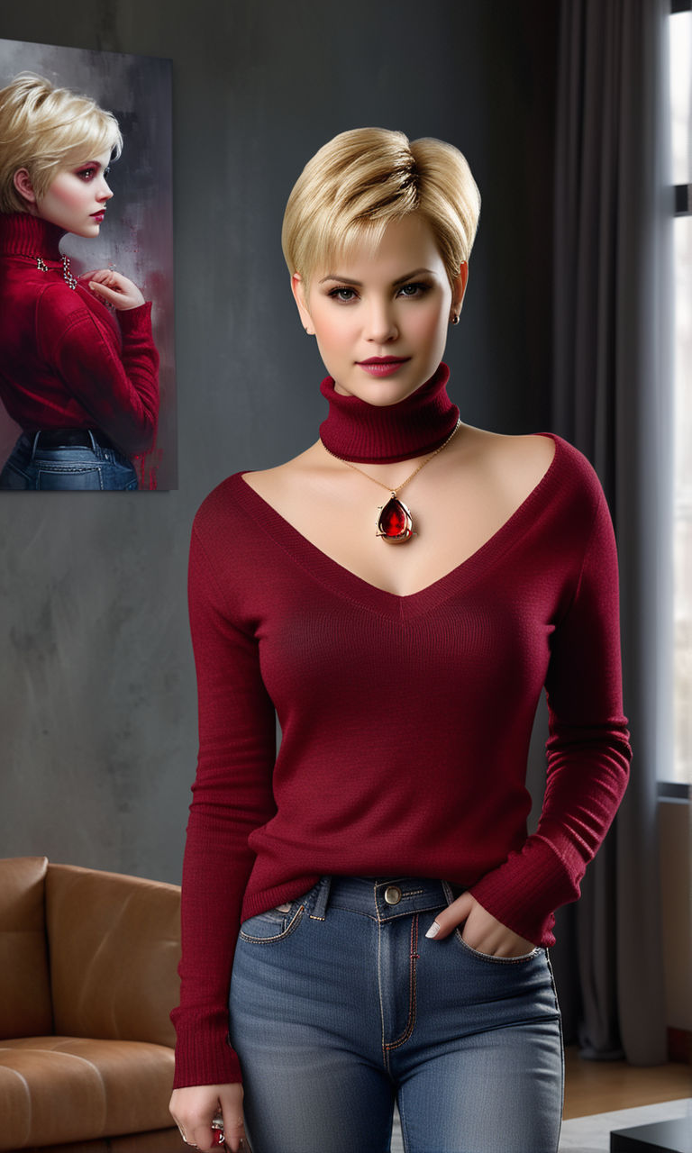 woman with hugest boobs in a tight burgundy turtleneck sweater