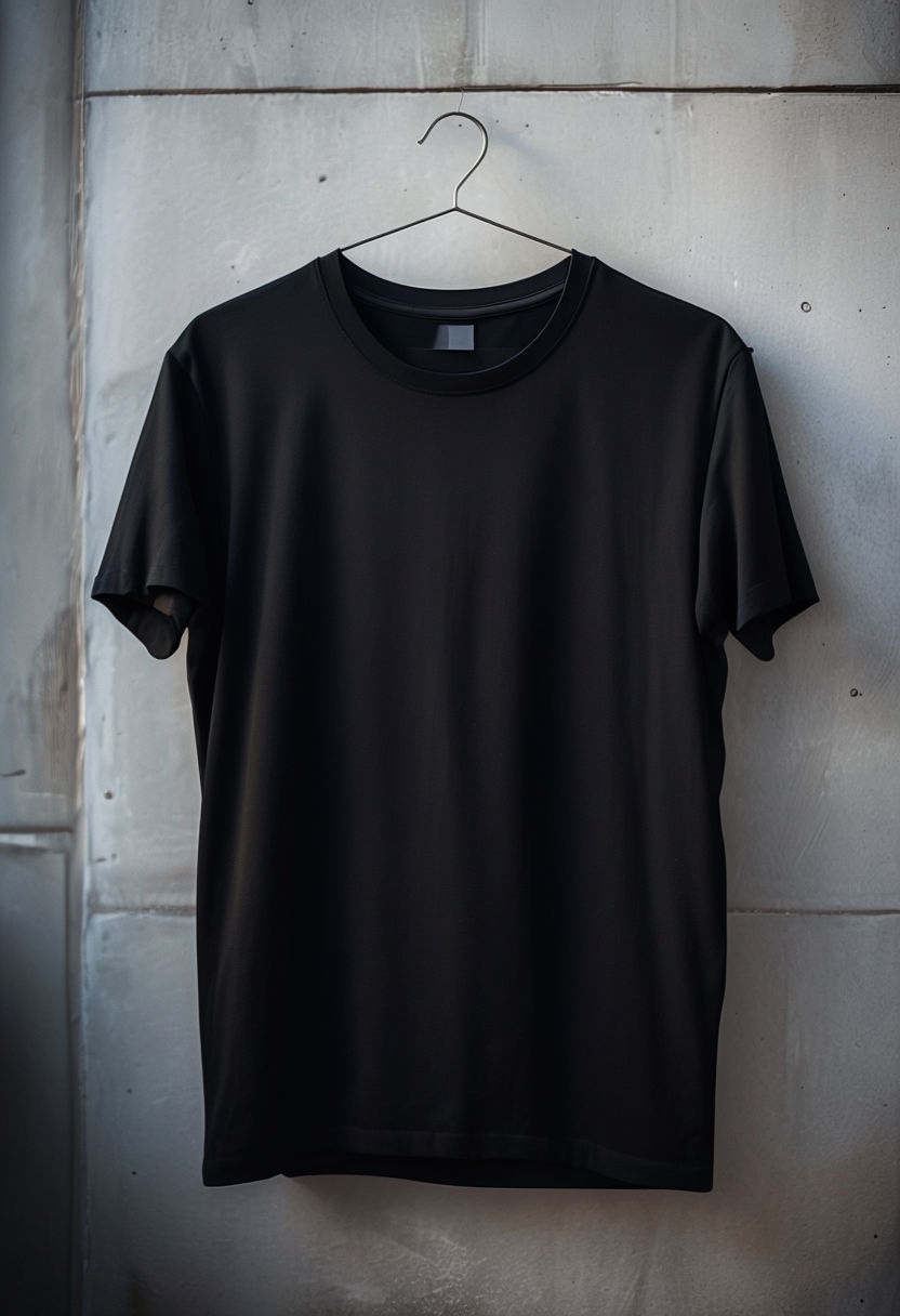 Black Short Sleeve T-Shirt Hanging Mockup Against Gray Wall