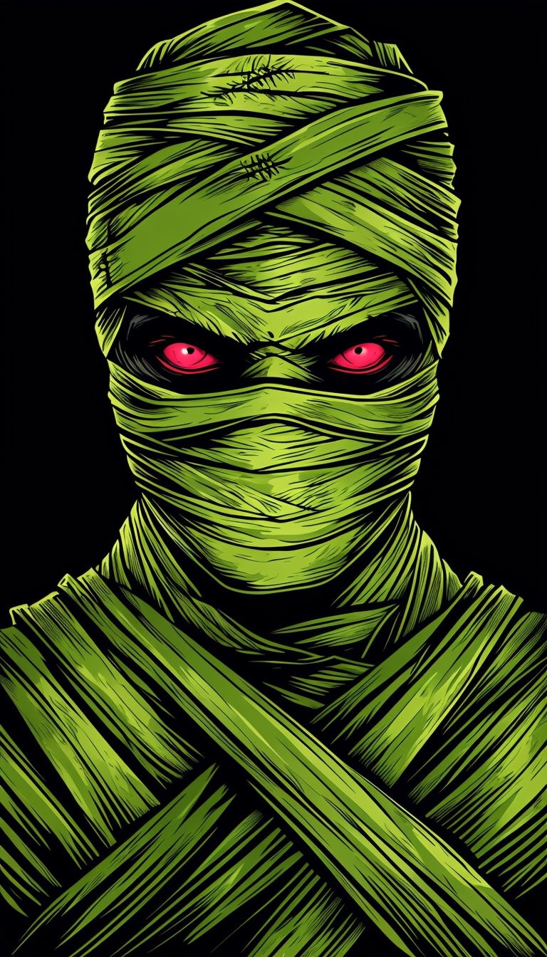 Eerie Lime Green Mummy Illustration with Crimson Eyes Mobile Wallpaper