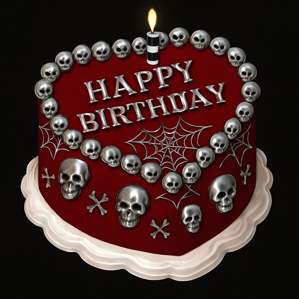 Gothic Heart-Shaped Birthday Cake Illustration for Special Events Card