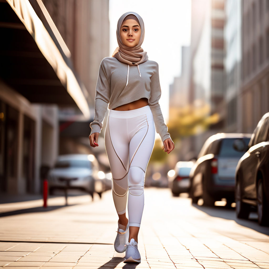 A woman in a hijab and sprots dress with colorful and tight sports bra and  shorts on her legs