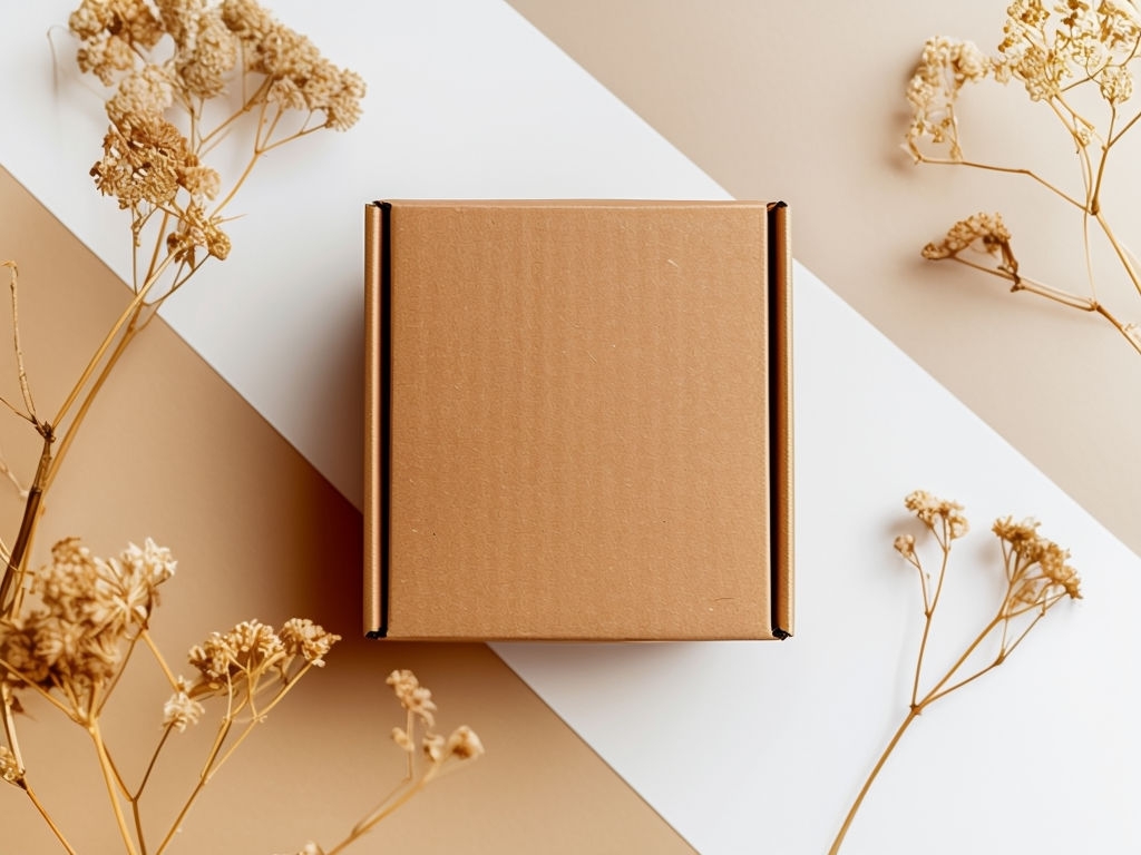 Minimalist Brown Cardboard Box with Dried Flowers Mockup