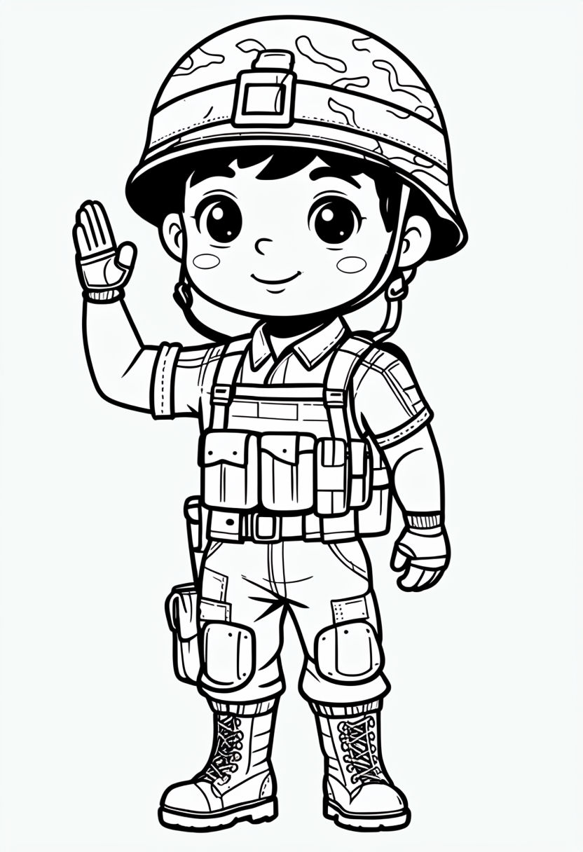 Cheerful Young Soldier Boy Coloring Page Illustration