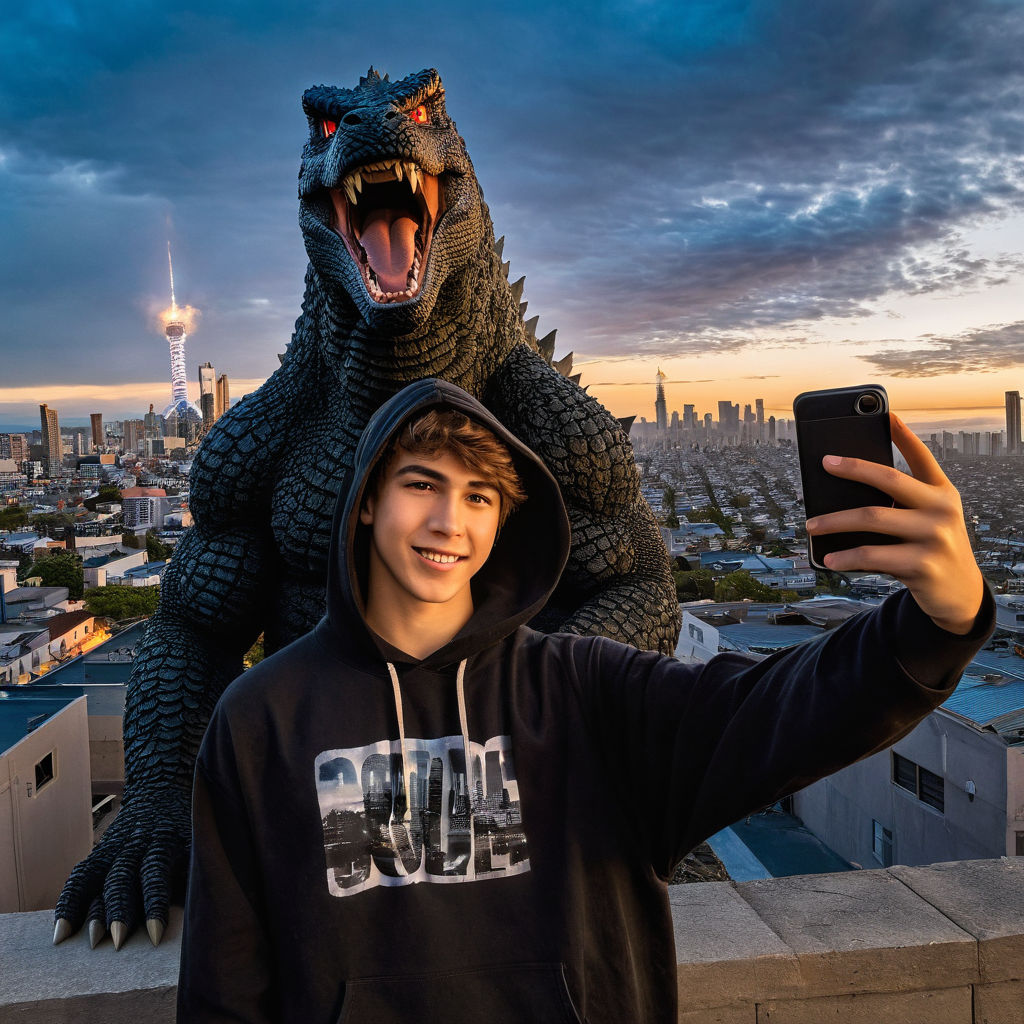 Late teenage boy capturing a selfie with Godzilla by Bobby Brock ...