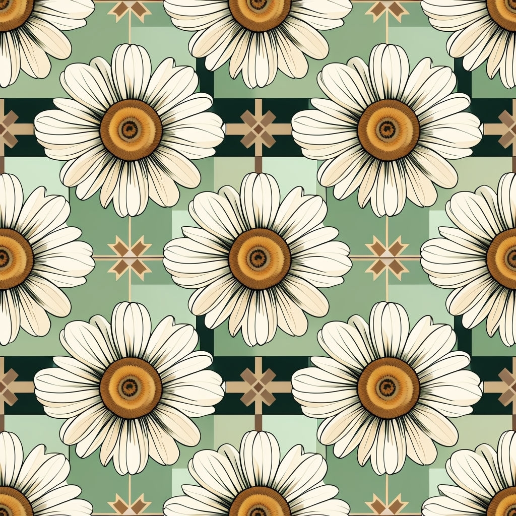 Symmetrical White Daisy and Geometric Elements Seamless Pattern