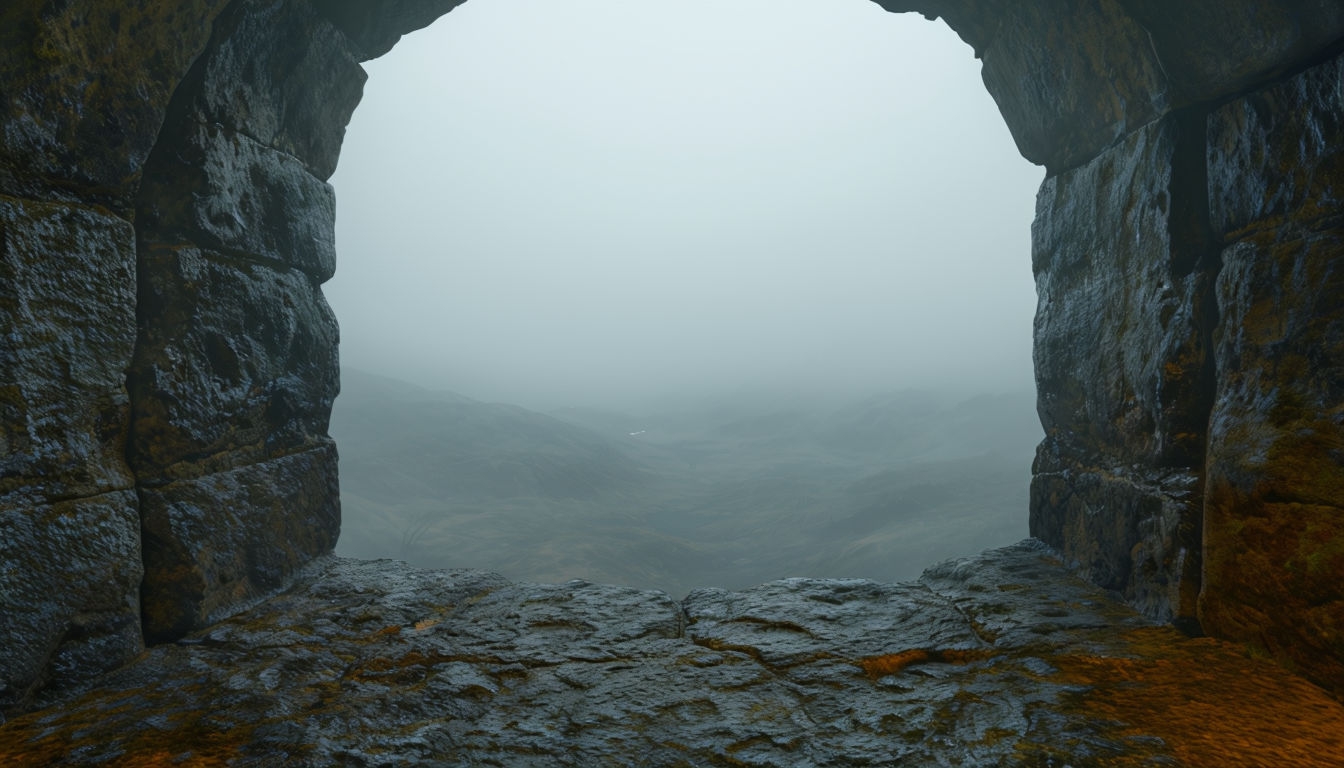 Mysterious Foggy Landscape Through Ancient Stone Archway Background