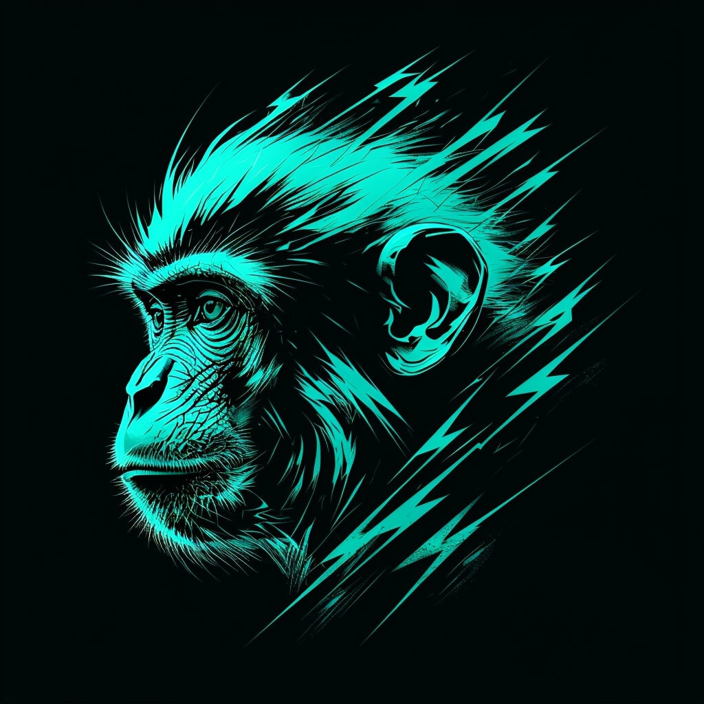 Vibrant Neon Turquoise Monkey Face Digital Art T-Shirt