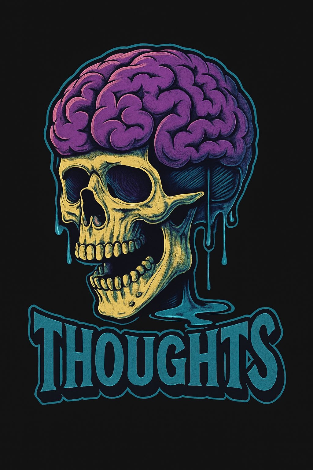 Surreal Skull with Brain and Thoughts Typography T-Shirt