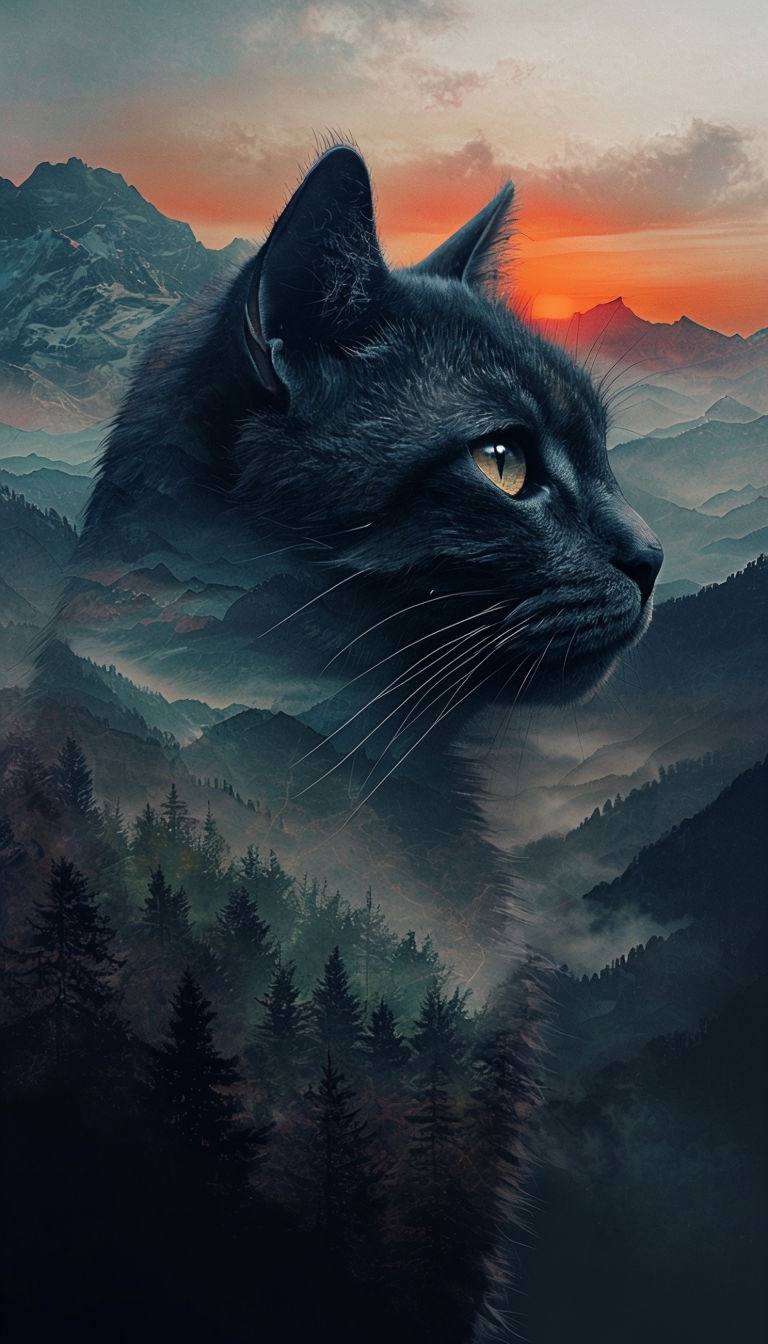 Serene Black Cat Silhouette with Mystical Mountain Landscape Phone Case Cover
