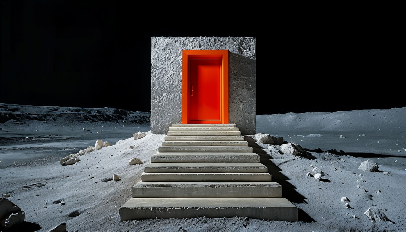 Surreal Lunar Landscape with Vibrant Red Door Virtual Background