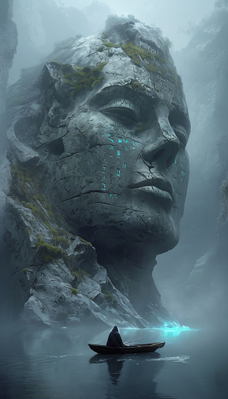 Mystical Ancient Titan Emerging from Misty Lake Wallpaper