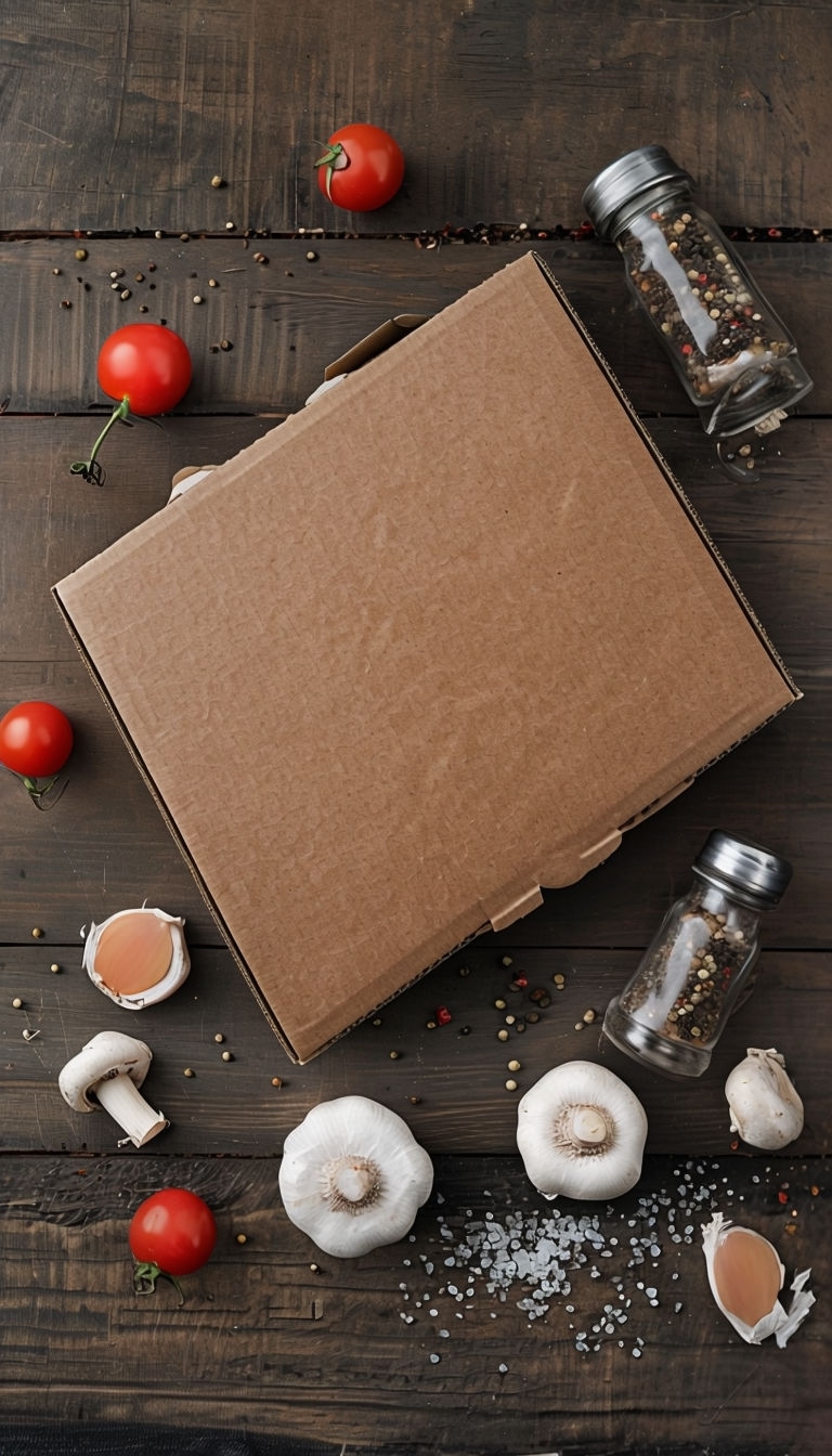 Rustic Still Life Pizza Box with Fresh Ingredients Mockup