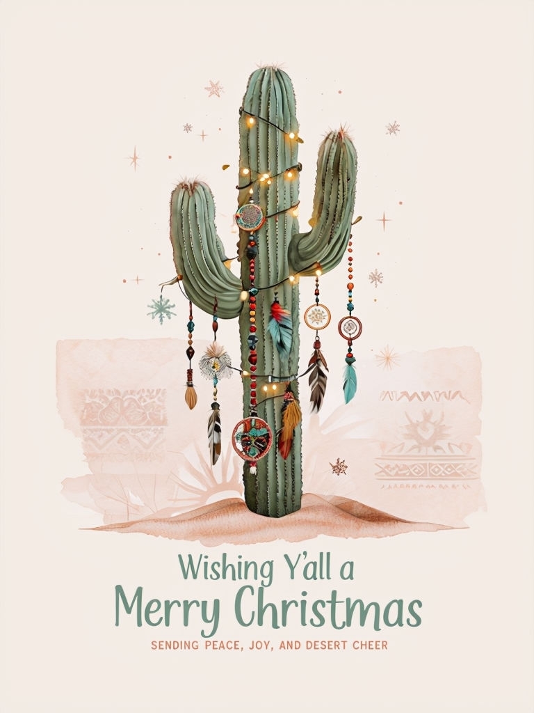 Bohemian Christmas Cactus Illustration with Rustic Text Design Card