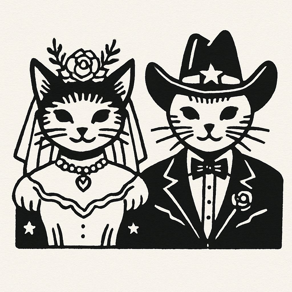 Whimsical Wedding Cats in Formal Attire Line Drawing Sticker