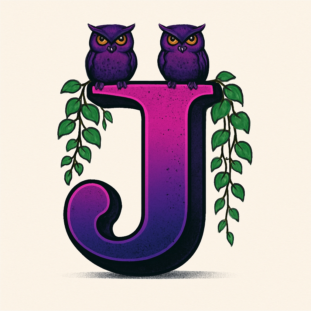 Whimsical Gradient Letter J with Owls and Leaves Monogram