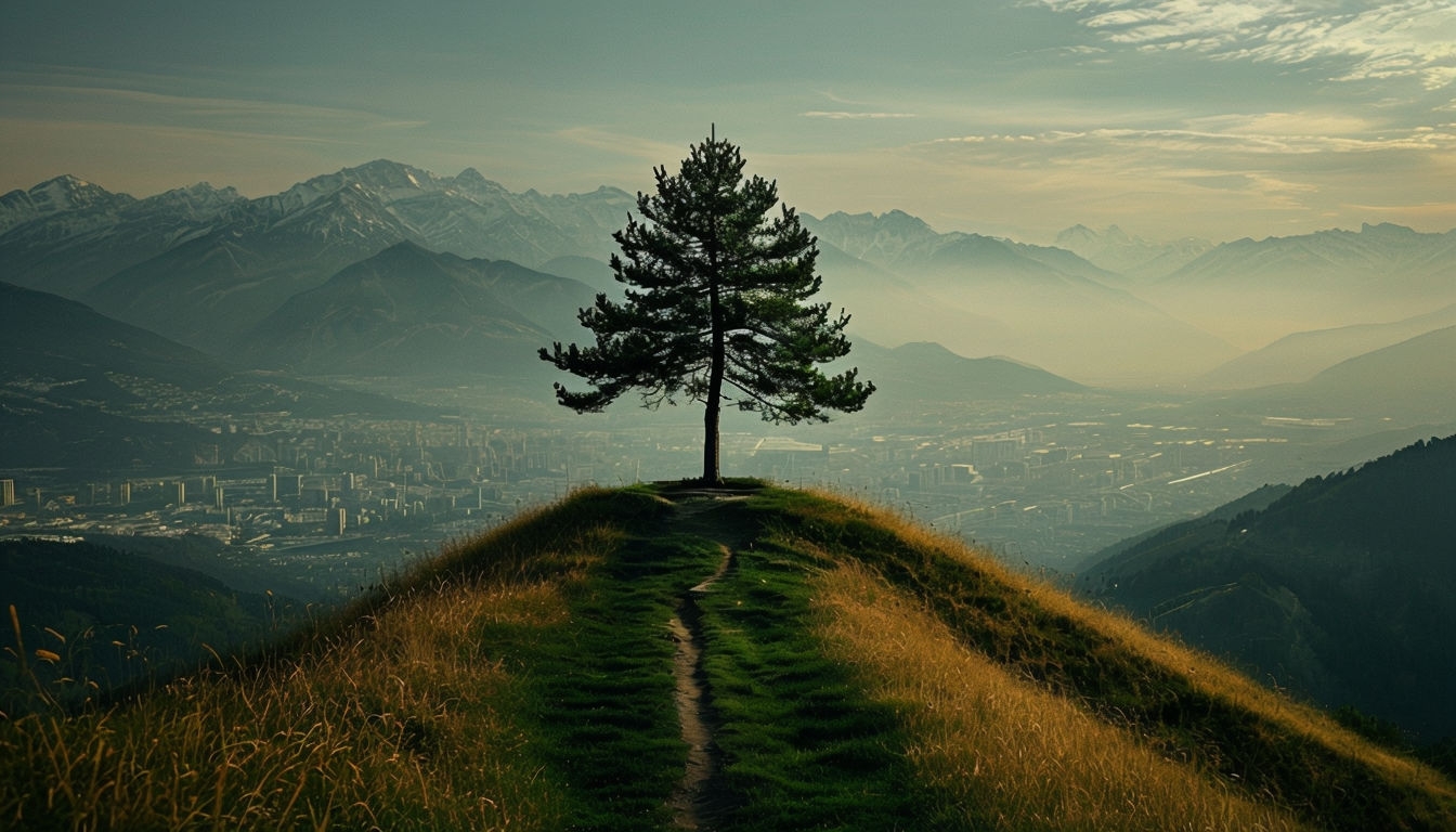 Serene Landscape with Lone Tree and Cityscape Virtual Background