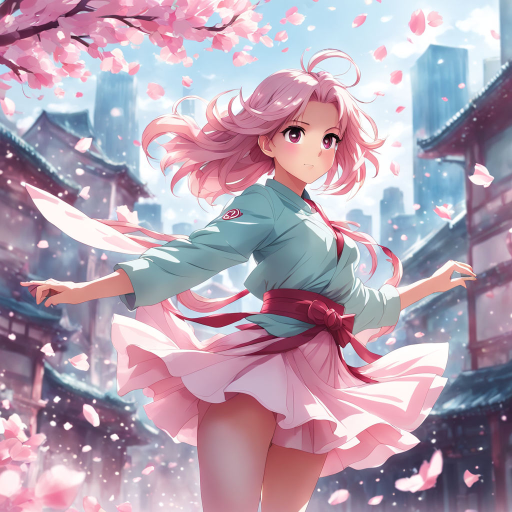 watercolor illustration of a beautiful anime woman with pink hair and  summer clothes stands with her back