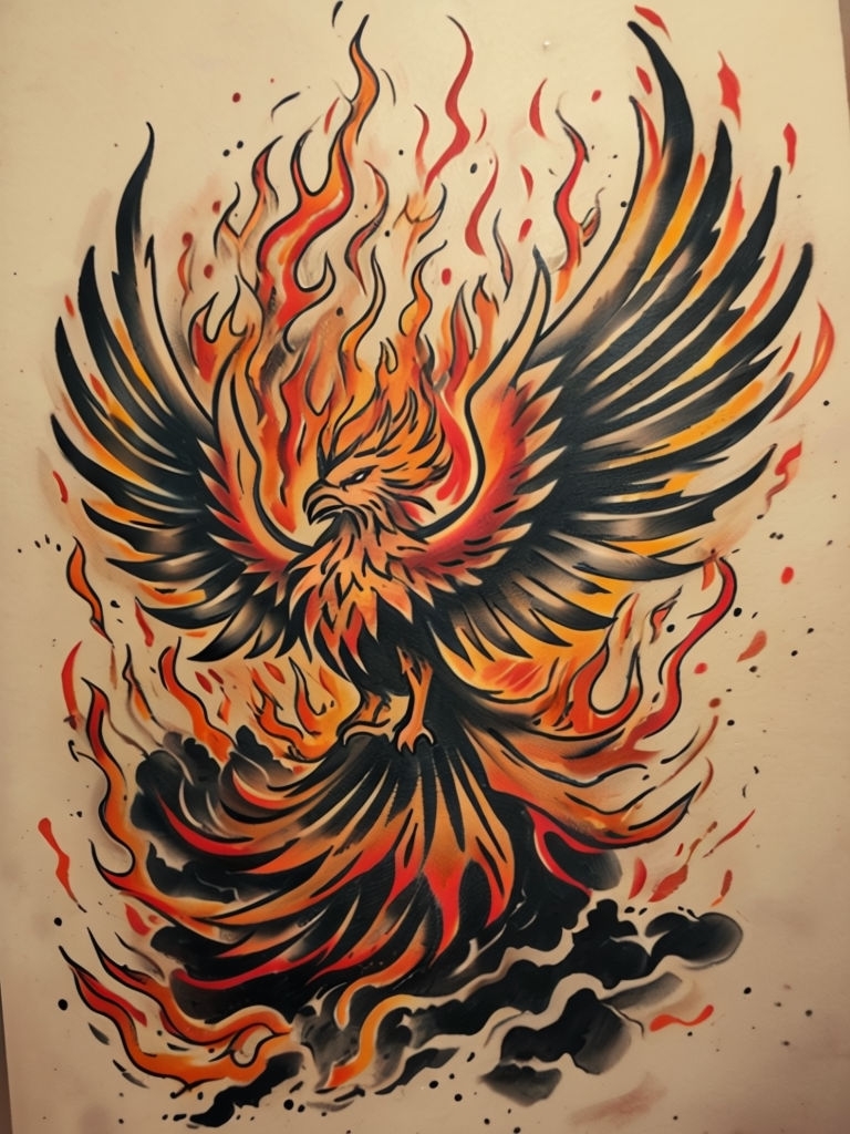 Bold Phoenix Rising Tattoo Design with Fiery Colors Art