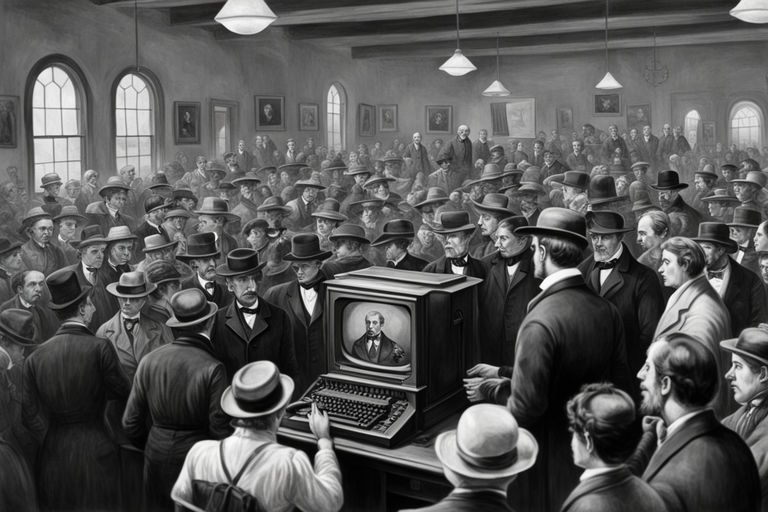A picture of the 1800 s with a crowd watching a modern compu by
